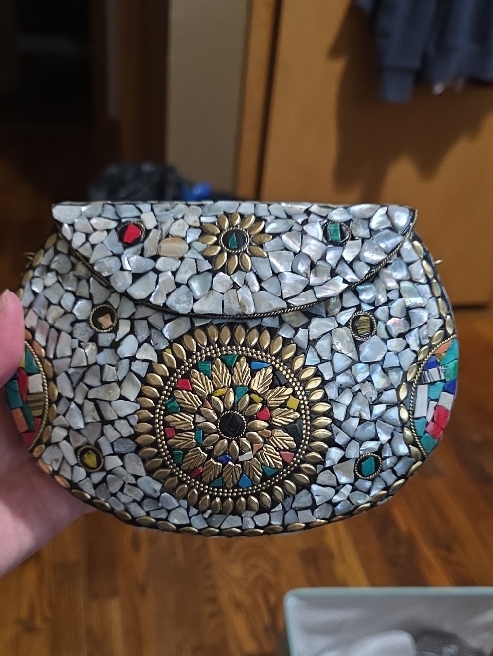 Ramla Handcrafted White Shell Mosaic Evening Clutch with Multicolor Accents